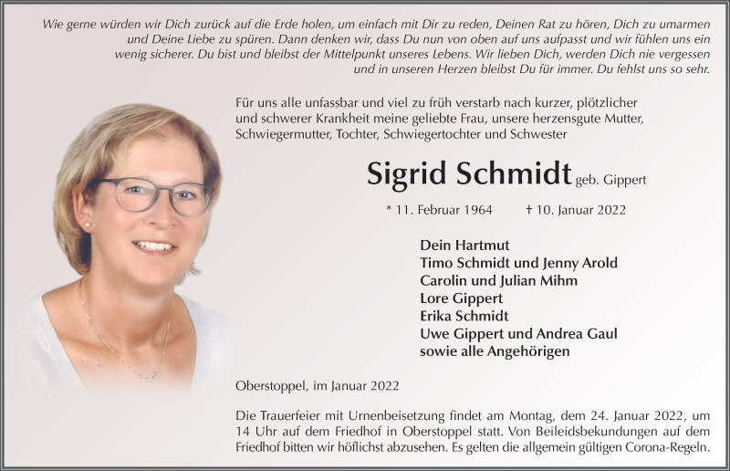  Traueranzeige für Sigrid Schmidt vom 19.01.2022 aus FZ
