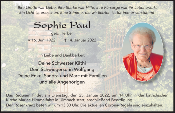 Traueranzeige von Sophie Paul von FZ