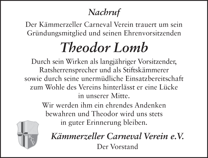  Traueranzeige für Theodor Lomb vom 15.01.2022 aus FZ