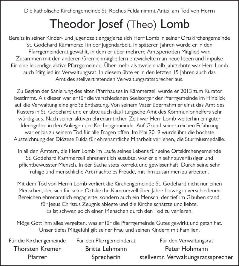  Traueranzeige für Theodor Lomb vom 15.01.2022 aus FZ
