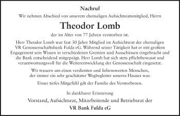 Traueranzeige von Theodor Lomb von FZ