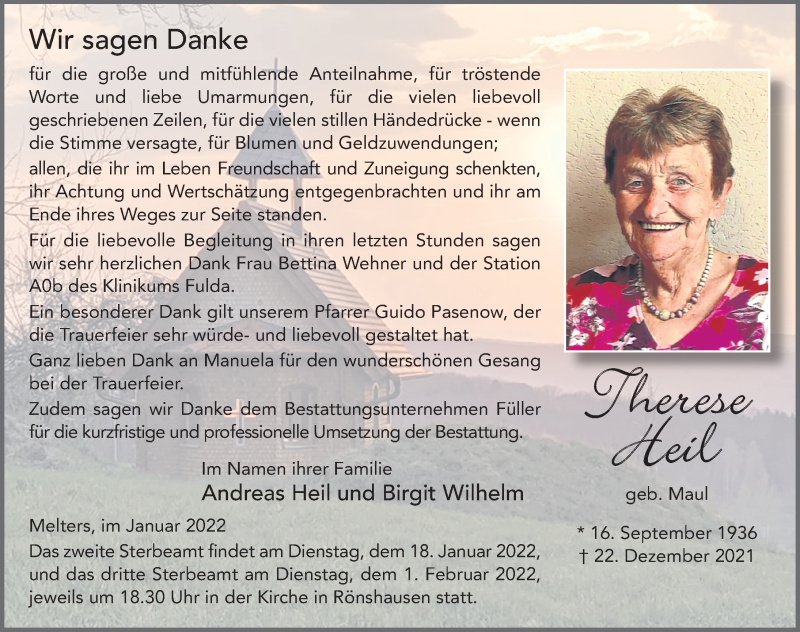  Traueranzeige für Therese Heil vom 15.01.2022 aus FZ