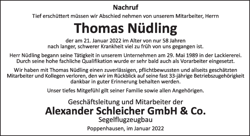  Traueranzeige für Thomas Nüdling vom 27.01.2022 aus FZ