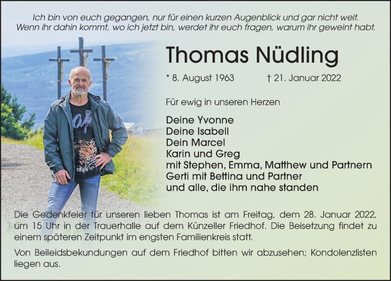  Traueranzeige für Thomas Nüdling vom 26.01.2022 aus FZ