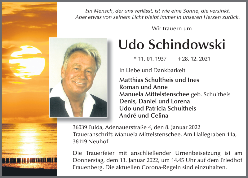  Traueranzeige für Udo Schindowski vom 08.01.2022 aus FZ
