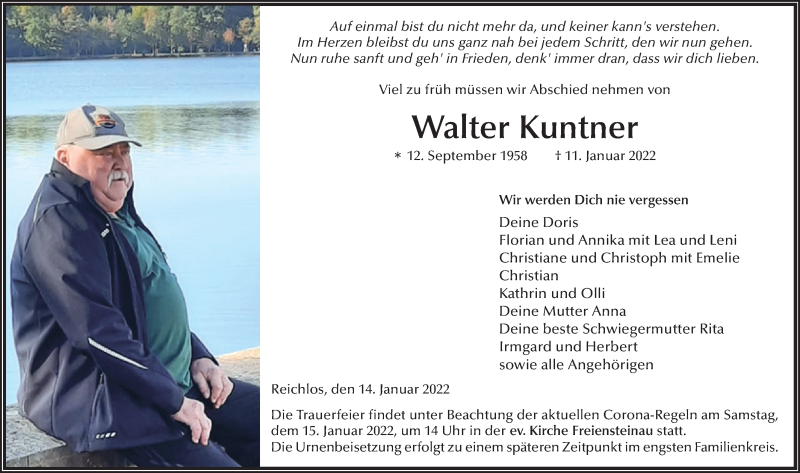  Traueranzeige für Walter Kuntner vom 14.01.2022 aus FZ