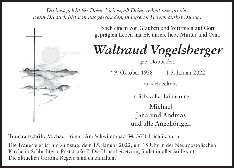 Traueranzeige für Waltraud Vogelsberger vom 06.01.2022 aus FZ