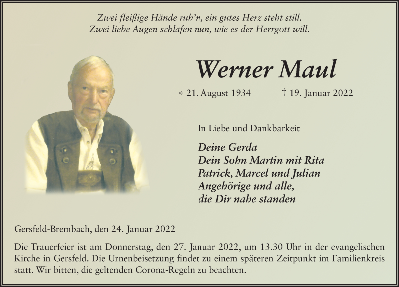  Traueranzeige für Werner Maul vom 24.01.2022 aus FZ