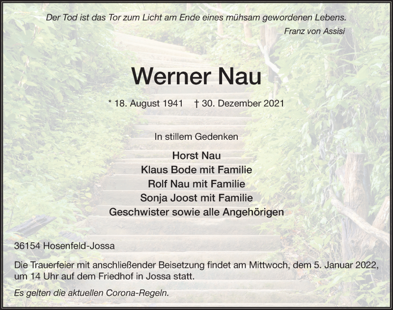  Traueranzeige für Werner Nau vom 03.01.2022 aus FZ