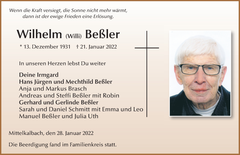  Traueranzeige für Wilhelm Beßler vom 28.01.2022 aus FZ