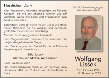 Traueranzeige von Wolfgang Lissek von FZ