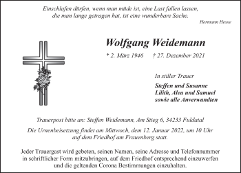 Traueranzeige von Wolfgang Weidemann von FZ