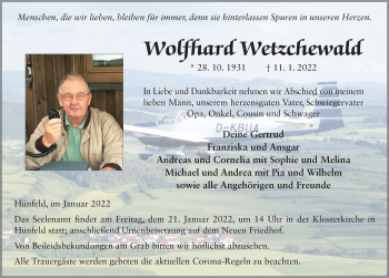 Traueranzeige von Wolfhard Wetzchewald von FZ