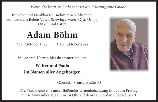Traueranzeige von Adam Böhm von FZ