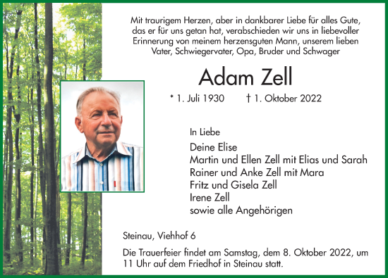Traueranzeige von Adam Zell von FZ