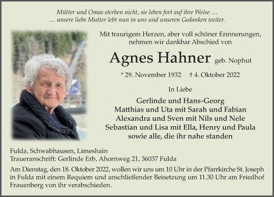 Traueranzeige von Agnes Hahner von FZ