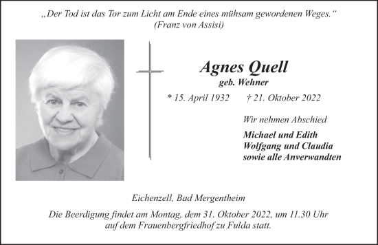 Traueranzeige von Agnes Quell von FZ
