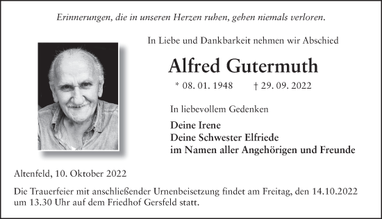 Traueranzeige von Alfred Gutermuth von FZ