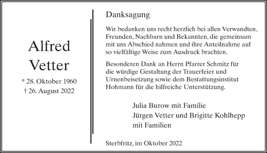 Traueranzeige von Alfred Vetter von FZ