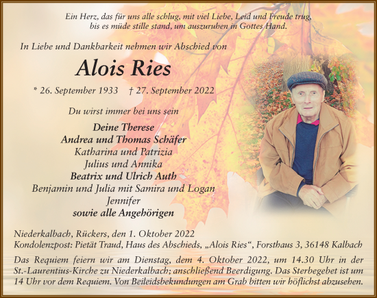 Traueranzeige von Alois Ries von FZ