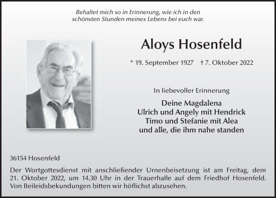 Traueranzeige von Aloys Hosenfeld von FZ