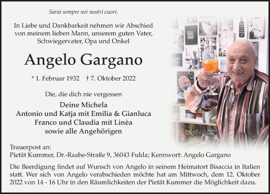 Traueranzeige von Angelo Gargano von FZ