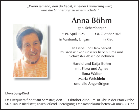 Traueranzeige von Anna Böhm von FZ