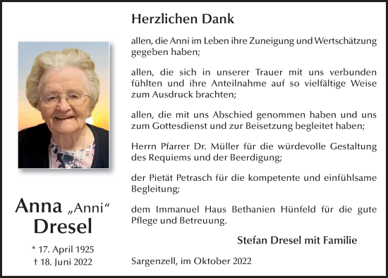 Traueranzeige von Anna Dresel von FZ