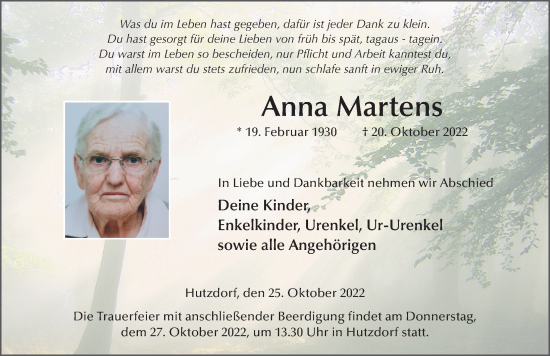 Traueranzeige von Anna Martens von FZ
