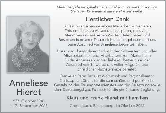 Traueranzeige von Anneliese Hieret von FZ