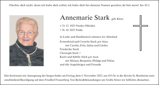 Traueranzeige von Annemarie Stark von FZ