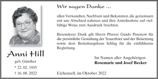 Traueranzeige von Anni Hill von FZ