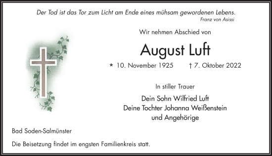 Traueranzeige von August Luft von FZ
