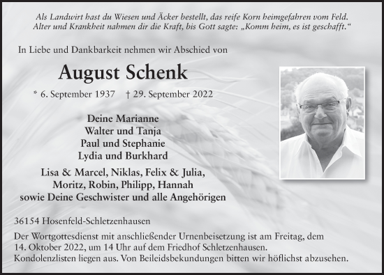 Traueranzeige von August Schenk von FZ