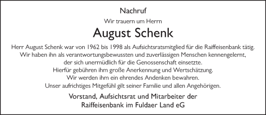 Traueranzeige von August Schenk von FZ