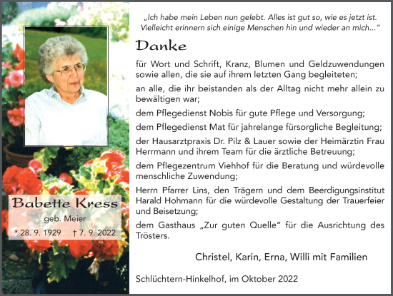 Traueranzeige von Babette Kress von FZ