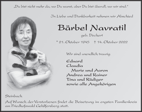 Traueranzeige von Bärbel Navratil von FZ