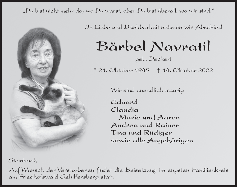  Traueranzeige für Bärbel Navratil vom 19.10.2022 aus FZ