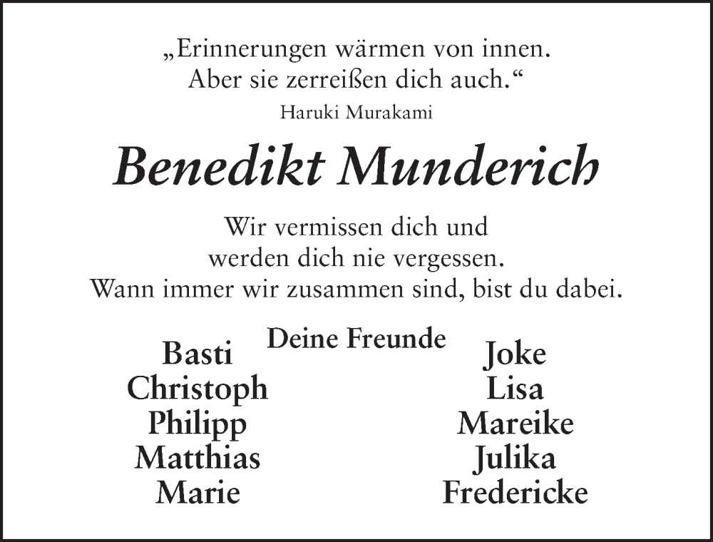 Traueranzeige für Benedikt Munderich vom 06.10.2022 aus FZ