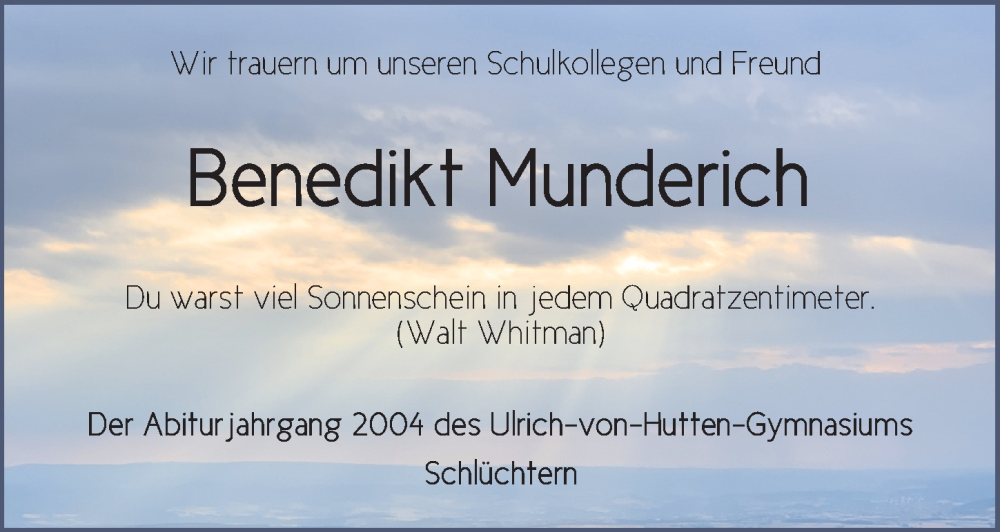  Traueranzeige für Benedikt Munderich vom 05.10.2022 aus FZ