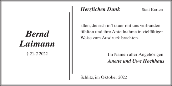Traueranzeige von Bernd Laimann von FZ
