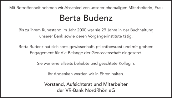 Traueranzeige von Berta Budenz von FZ