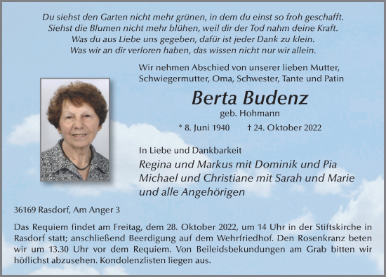 Traueranzeige von Berta Budenz von FZ
