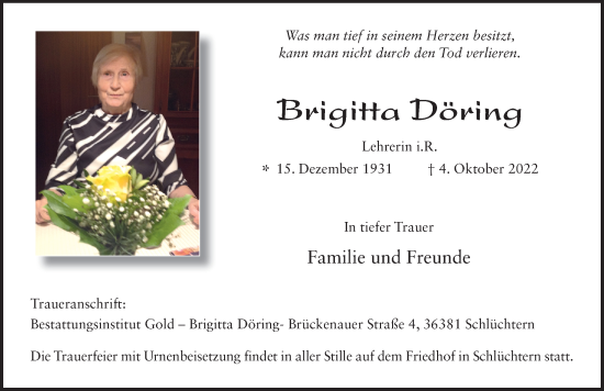 Traueranzeige von Brigitta Döring von FZ