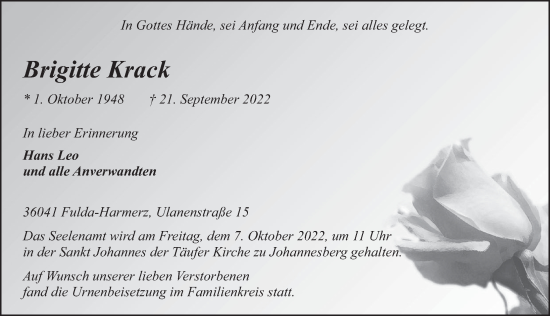 Traueranzeige von Brigitte Krack von FZ