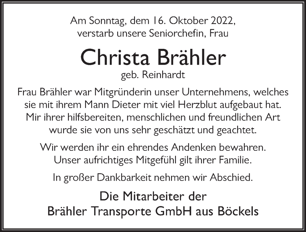  Traueranzeige für Christa Brähler vom 22.10.2022 aus FZ