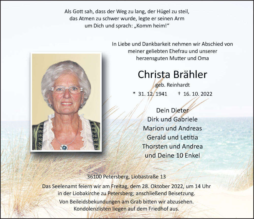  Traueranzeige für Christa Brähler vom 22.10.2022 aus FZ