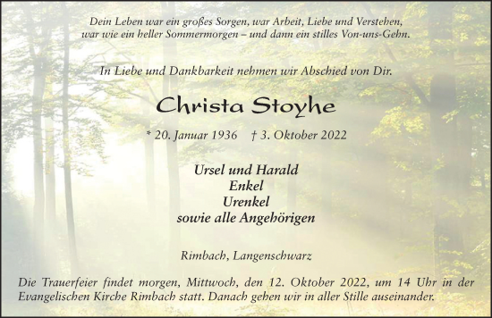 Traueranzeige von Christa Stoyhe von FZ