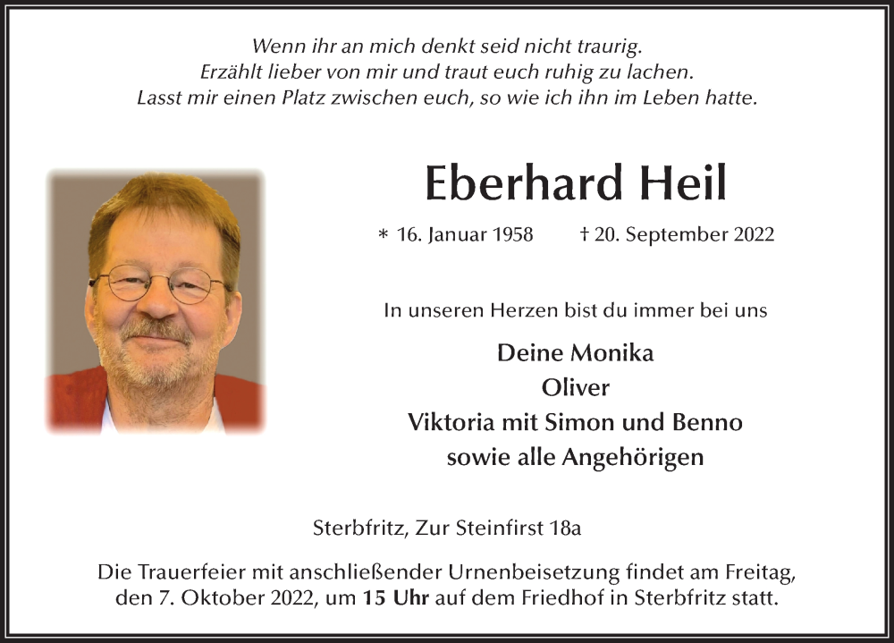  Traueranzeige für Eberhard Heil vom 06.10.2022 aus FZ
