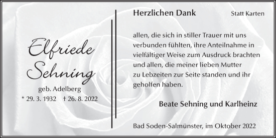 Traueranzeige von Elfriede Sehning von FZ